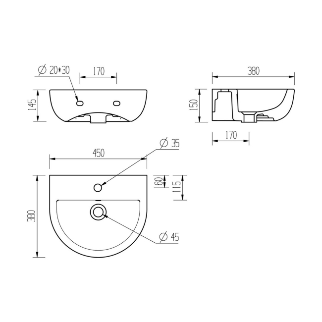 Signature Zeus Wall Hung Cloakroom Basin and Bottle Trap 450mm Wide - 1 Tap Hole