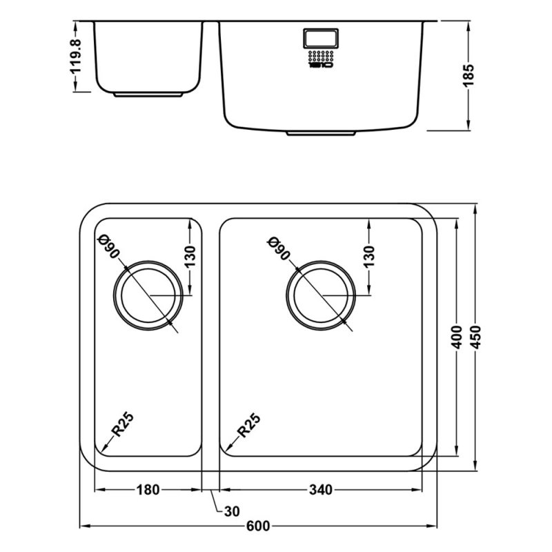 The 1810 Company Luxsoplusduo25 180/340U 1.5 Bowl Undermount Kitchen Sink - Right Handed