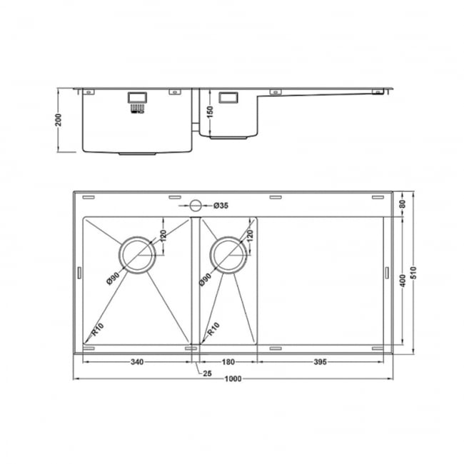 The 1810 Company Razor 6 1.5 Bowl Kitchen Sink - Left Handed