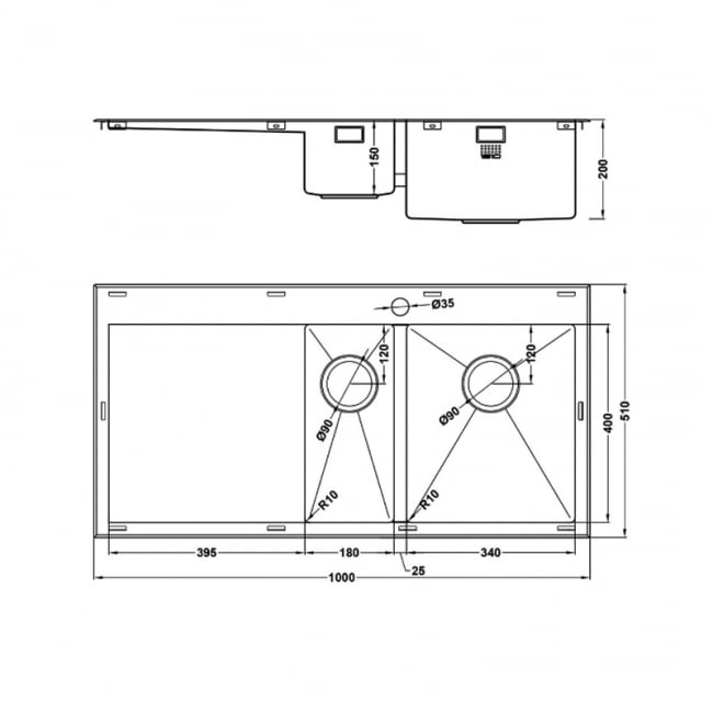 The 1810 Company Razor 6 1.5 Bowl Kitchen Sink - Right Handed