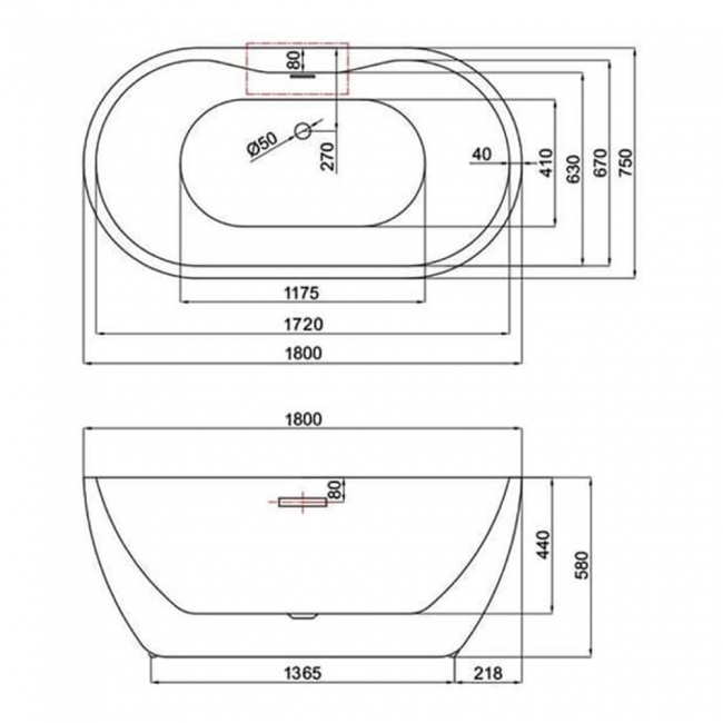 Trojan Alcora Double Ended Freestanding Bath 1800mm x 750mm - 0 Tap Hole