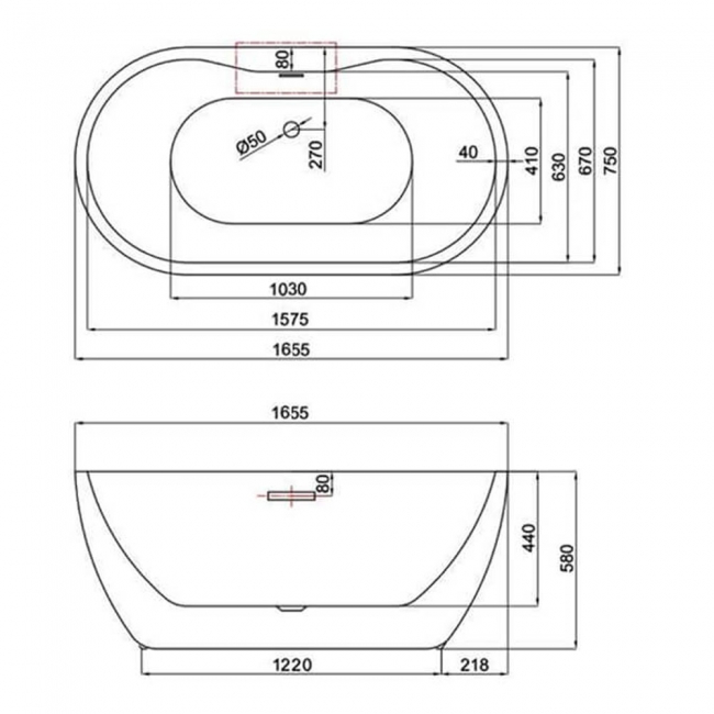 Trojan Alcora Double Ended Freestanding Bath 1655mm x 750mm - 0 Tap Hole