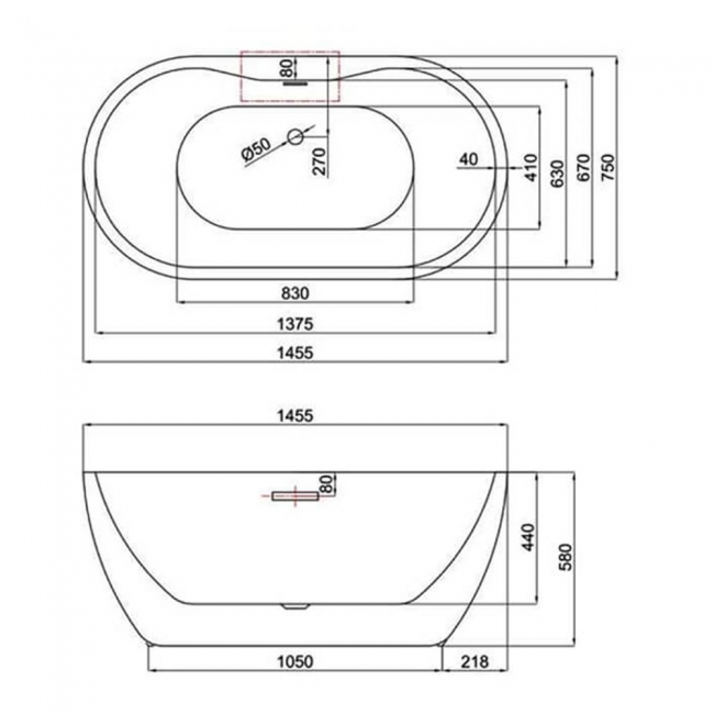 Trojan Alcora Double Ended Freestanding Bath 1455mm x 750mm - 0 Tap Hole