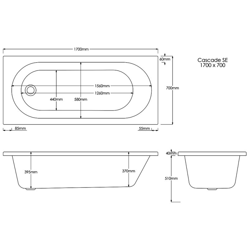 Trojan Cascade Rectangular Single Ended Bath 1700mm x 700mm - 2 Tap Hole (inc Leg Set)