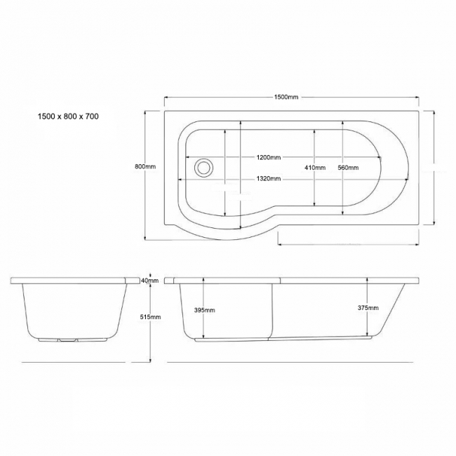 Trojan Concert P-Shaped Shower Bath 1500mm x 700mm/800mm Left Handed - No Tap Hole