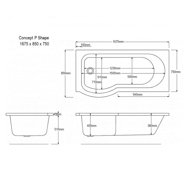 Trojan Concert P-Shaped Shower Bath 1675mm x 750mm/850mm Left Handed - No Tap Hole