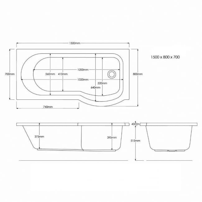 Trojan Concert P-Shaped Shower Bath 1500mm x 700mm/800mm Right Handed - No Tap Hole