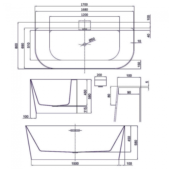 Trojan Darlington Double Ended Back to Wall Freestanding Bath 1700mm x 800mm - 0 Tap Hole