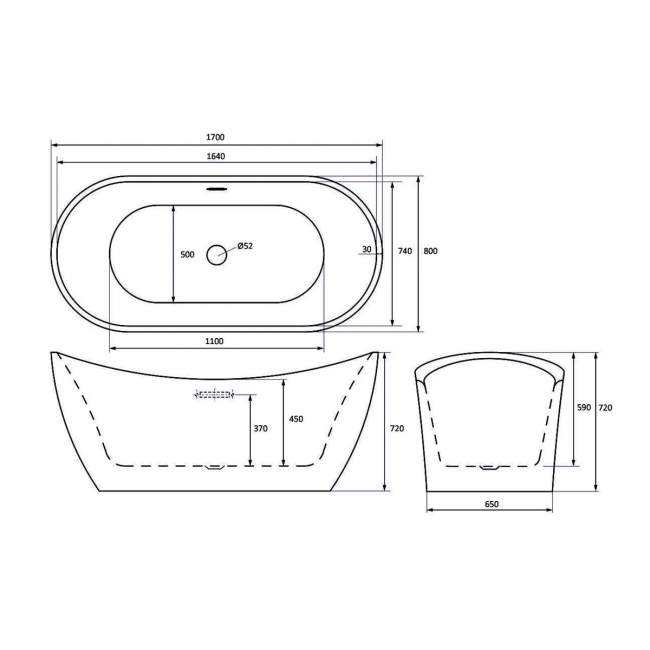 Trojan Emerald Double Ended Freestanding Bath 1700mm x 800mm - 0 Tap Hole