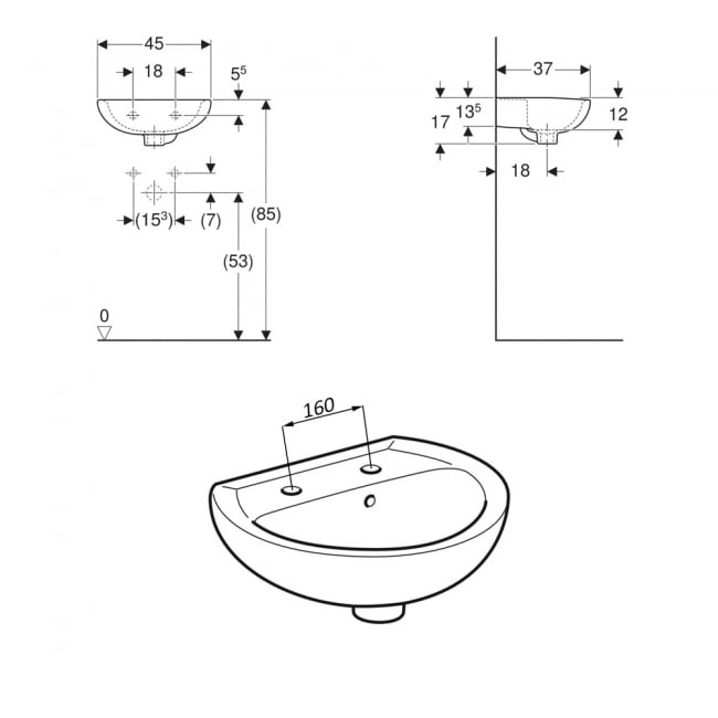 Twyford Alcona Handrinse Wall Hung Basin 450mm Wide - 2 Tap Hole