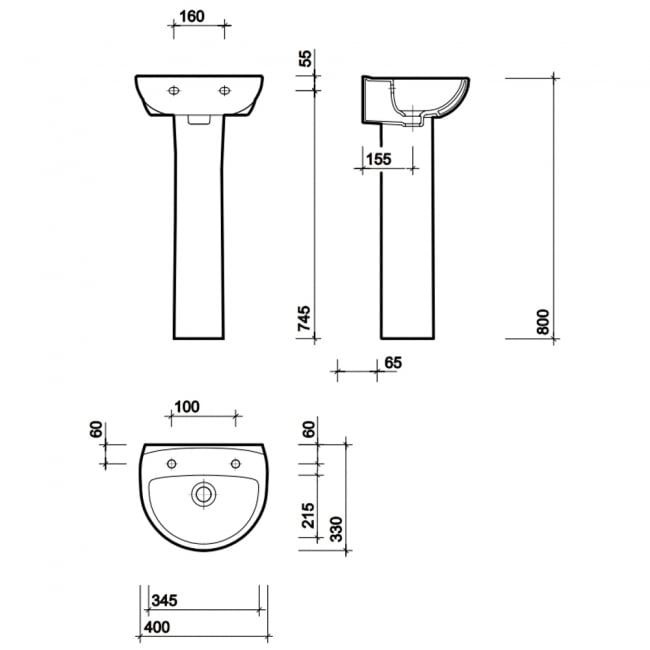 Twyford Option Handrinse Basin with Full Pedestal 400mm Wide 2 Tap Hole