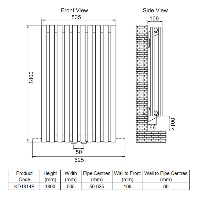 Ultraheat Klon Double Designer Vertical Radiator 1800mm H x 535mm W - Black