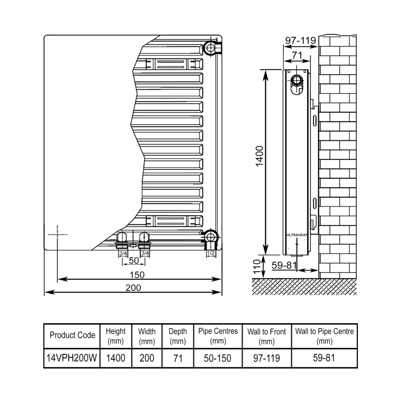 Ultraheat Planal VPH Vertical Radiator 1400mm H x 200mm W White