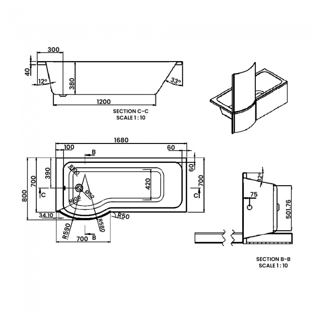 Verona Tungstenite P-Shaped Shower Bath with Panel Curved Screen 1700mm x 700/800mm Left Handed - Acrylic