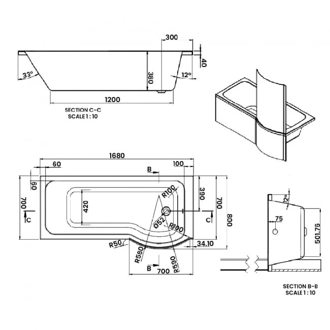 Verona Tungstenite P-Shaped Shower Bath with Panel Curved Screen 1700mm x 700/800mm Right Handed - Acrylic