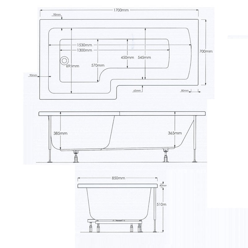 Verona Tungstenite L-Shaped Shower Bath with Panel and Screen 1700mm x 700/850mm Left Handed - Acrylic