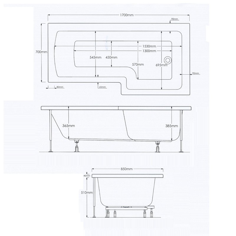 Verona Tungstenite L-Shaped Shower Bath with Panel and Screen 1700mm x 700/850mm Right Handed - Acrylic