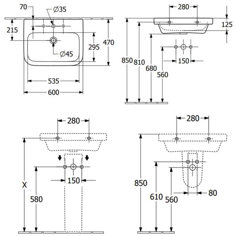 Villeroy & Boch Architectura Wall Hung Basin 600mm Wide - 1 Tap Hole