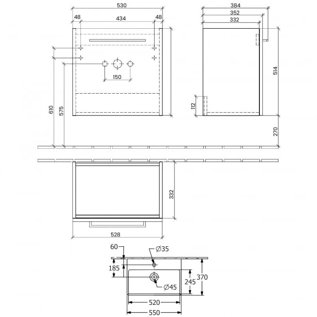 Villeroy & Boch Avento Wall Hung Vanity Unit RH with Basin 550mm Wide - Graphite with Chrome Handle