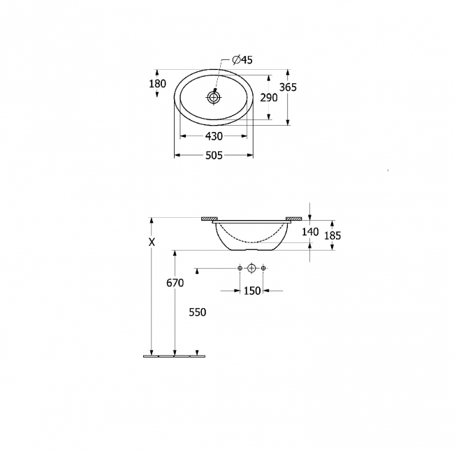 Villeroy & Boch Loop & Friends Oval Undermount Countertop Basin 430mm Wide - 0 Tap Hole