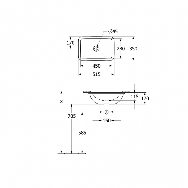 Villeroy & Boch Loop & Friends Rectangular Undermount Countertop Basin 450mm Wide - 0 Tap Hole