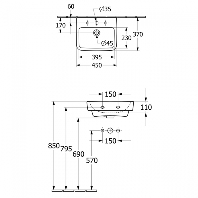 Villeroy & Boch O.novo Angular Wall Hung Basin 450mm Wide - 1 Tap Hole