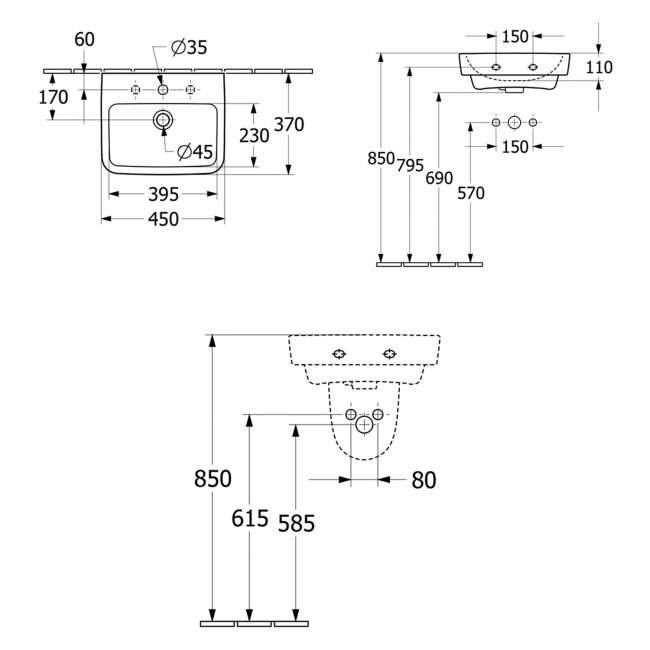 Villeroy & Boch O.novo Basin and Semi Pedestal 450mm Wide - 1 Tap Hole