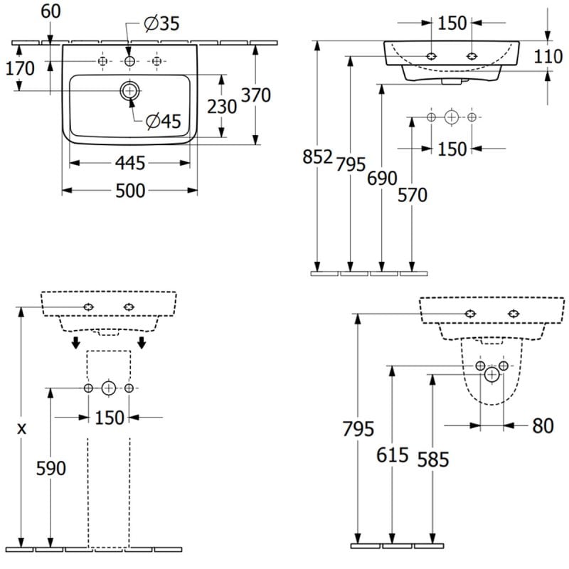 Villeroy & Boch O.novo Semi Pedestal Basin | 43445001+52670001 | 500mm ...