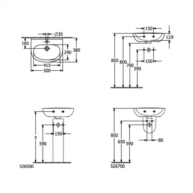 Villeroy & Boch O.Novo Lite Wall Hung Basin 500mm Wide - 1 Tap Hole