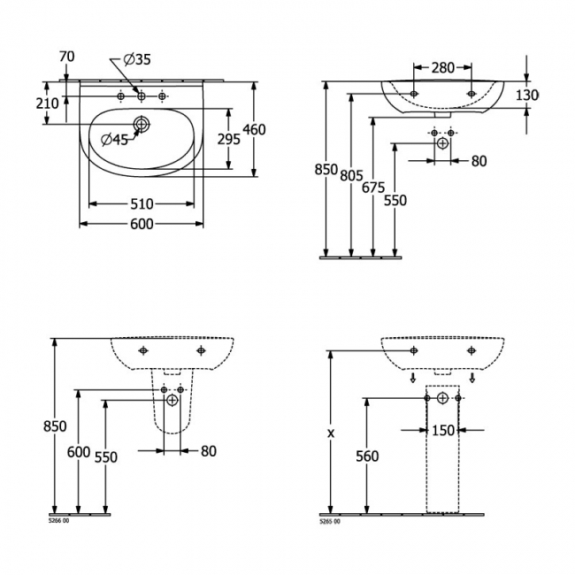 Villeroy & Boch O.Novo Lite Wall Hung Basin 600mm Wide - 1 Tap Hole