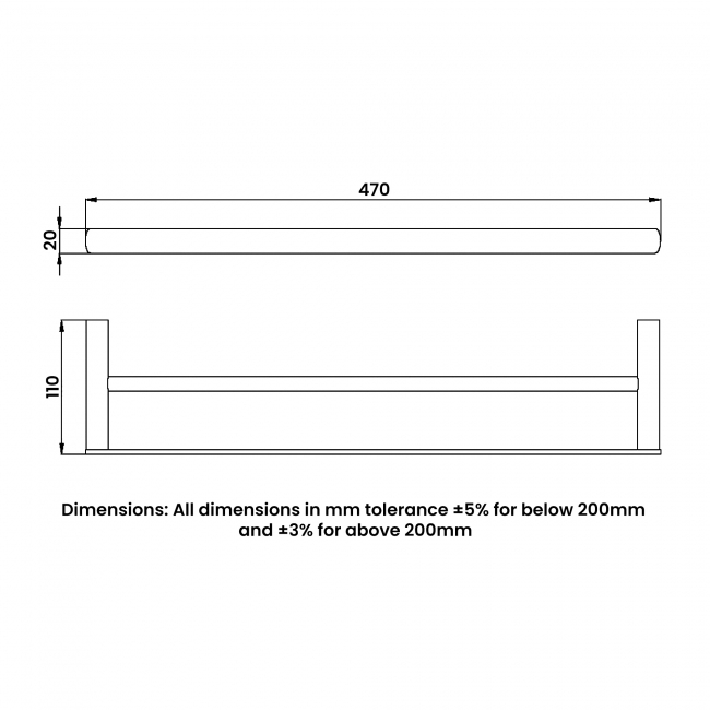 RAK Petit Square Double Towel Bar 470mm Wide - Matt Black