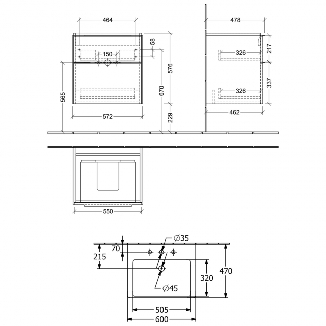 Villeroy & Boch Subway 3.0 Wall Hung 2-Drawer Vanity Unit with Basin 600mm Wide - Oak Kansas with Glossy Aluminium Handle