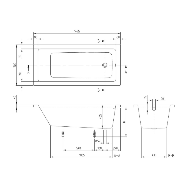 Villeroy & Boch Targa Rectangular Single Ended Bath 1500mm x 700mm - 0 Tap Hole (inc Leg Set)