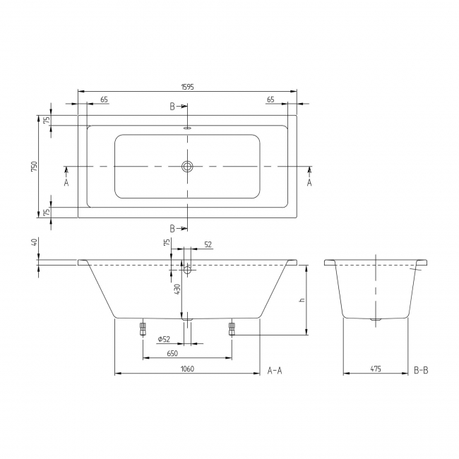 Villeroy & Boch Targa Rectangular Double Ended Bath 1600mm x 750mm - 0 Tap Hole (inc Leg Set)