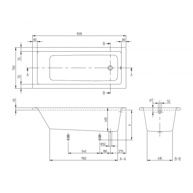 Villeroy & Boch Targa Rectangular Single Ended Bath 1600mm x 700mm - 0 Tap Hole (inc Leg Set)