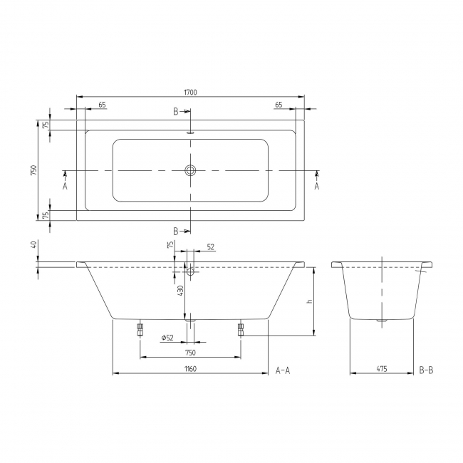 Villeroy & Boch Targa Rectangular Double Ended Bath 1700mm x 750mm - 0 Tap Hole (inc Leg Set)