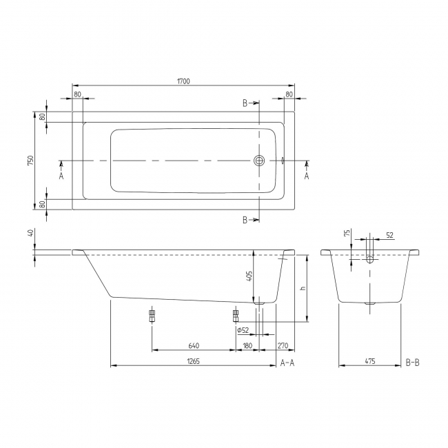 Villeroy & Boch Targa Rectangular Single Ended Bath 1700mm x 750mm - 0 Tap Hole (inc Leg Set)