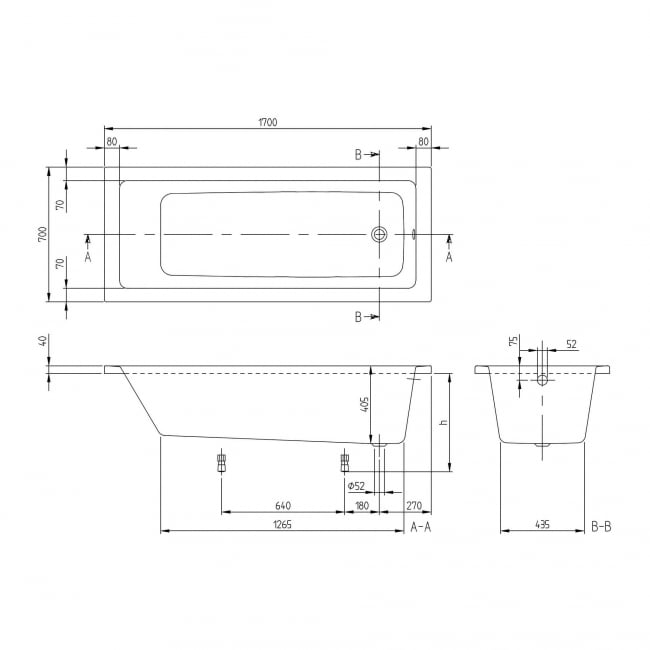 Villeroy & Boch Targa Rectangular Single Ended Bath 1700mm x 700mm - 0 Tap Hole (inc Leg Set)