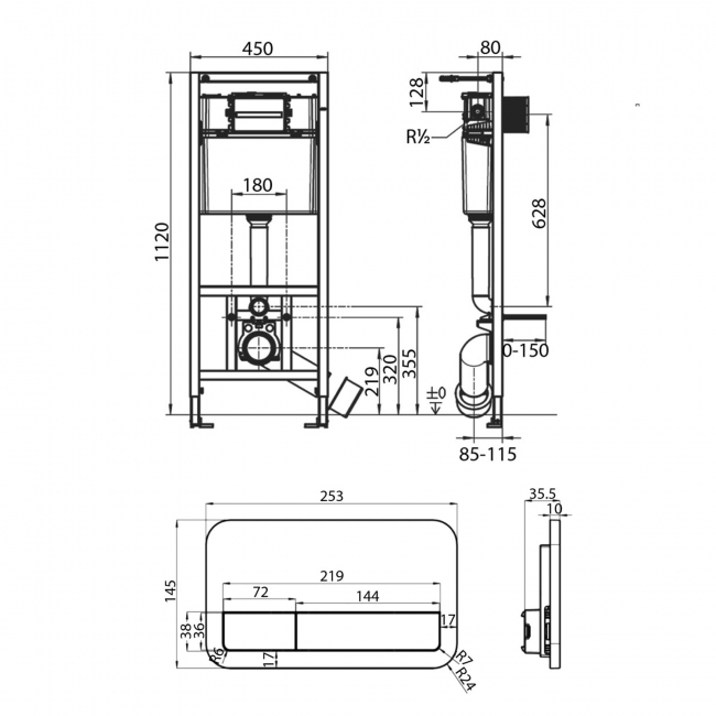 Villeroy & Boch ViPro 2.0 Wall Hung Toilet Frame 1120mm with Matt Black Flush Plate