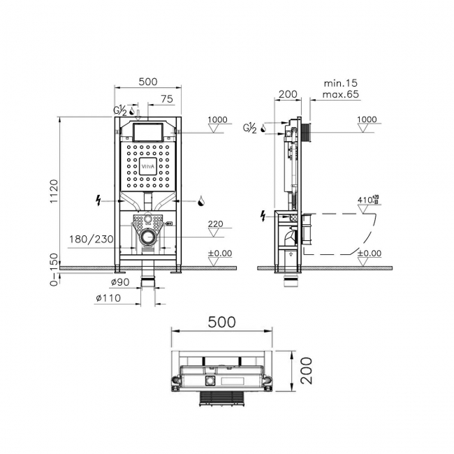 Vitra Regular Wall Hung Frame with Concealed Cistern - 1120mm H x 500mm W