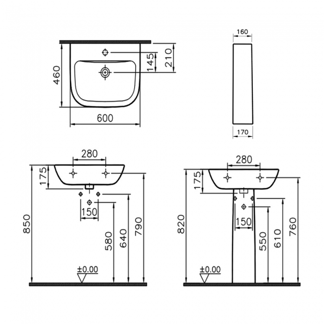 Vitra S20 Wash Basin and Full Pedestal 600mm Wide 2 Tap Hole