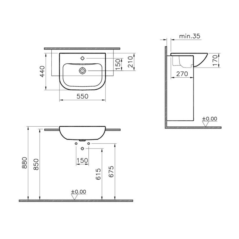 Vitra S20 Semi Recessed Basin | 5524B003-0001 | 550mm | 1TH