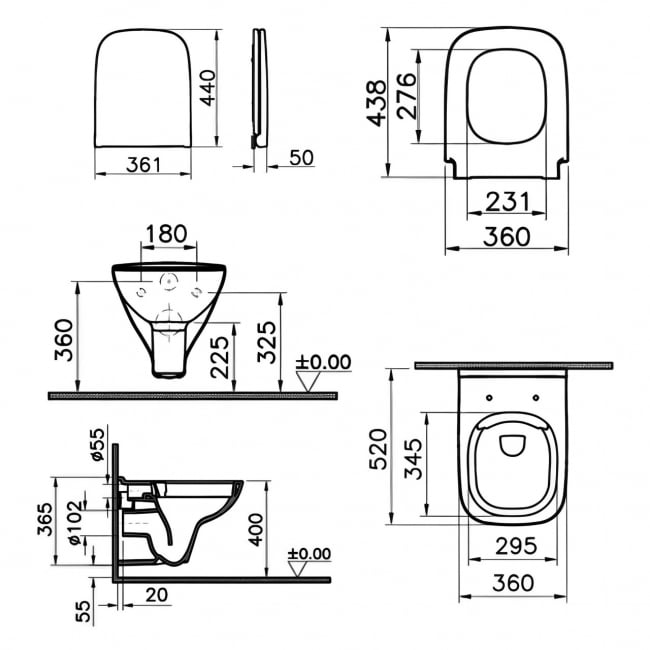 VitrA S20 Smoothflush Wall Hung Toilet - Standard Seat