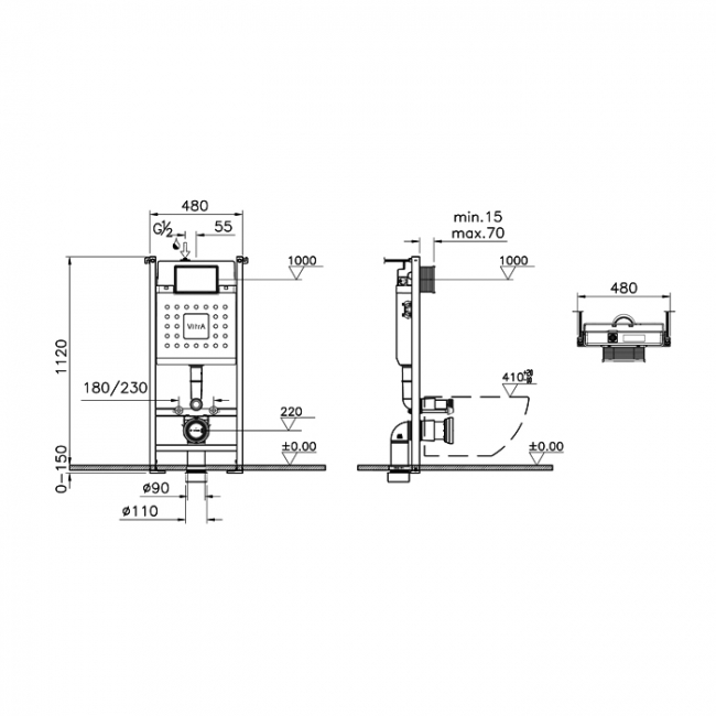 Vitra V-Fix Wall Hung Toilet Frame with Concealed Cistern - 1120mm H x 480mm W