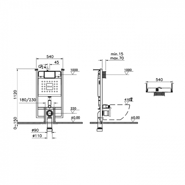 Vitra V-Fix Wall Hung Toilet Frame with Concealed Cistern - 1120mm H x 540mm W