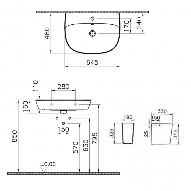 Vitra Zentrum Basin with Semi Pedestal 645mm Wide - 1 Tap Hole