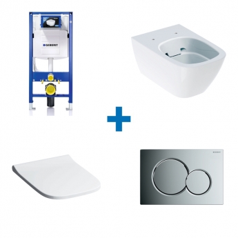 Geberit Rimless Wall Hung Pan with Duofix Toilet Frame Flush Plate and Sigma Concealed Cistern - Soft Close Seat