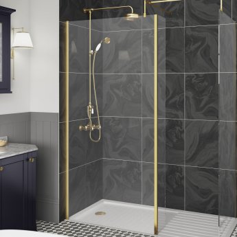 Hudson Reed Wet Room Fixed Return Panel with Brass Profile 1950mm High x 215mm Wide - 8mm Glass