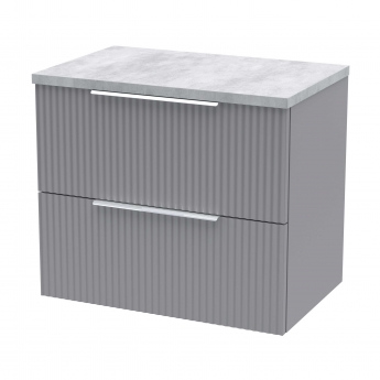 Hudson Reed Fluted Wall Hung 2-Drawer Vanity Unit with Bellato Grey Worktop 600mm Wide - Satin Grey