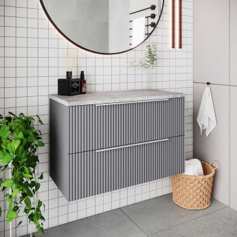 Hudson Reed Fluted Wall Hung 2-Drawer Vanity Unit with Bellato Grey Worktop 800mm Wide - Satin Grey